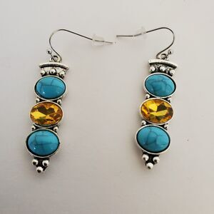 Tribal Boho Dangle Earrings Silver Tone Blue Orange Fashion Jewelry Art Deco